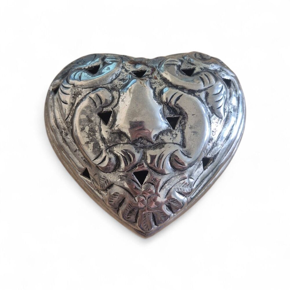 Vintage Silver and Brass Repousse Heart Shaped Trinket Box Made in India